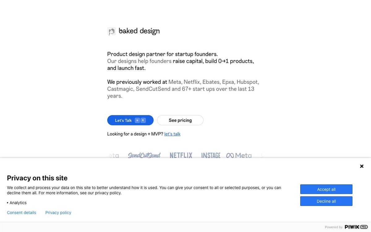 Screenshot of Baked Design Studio - Product design partner for startups