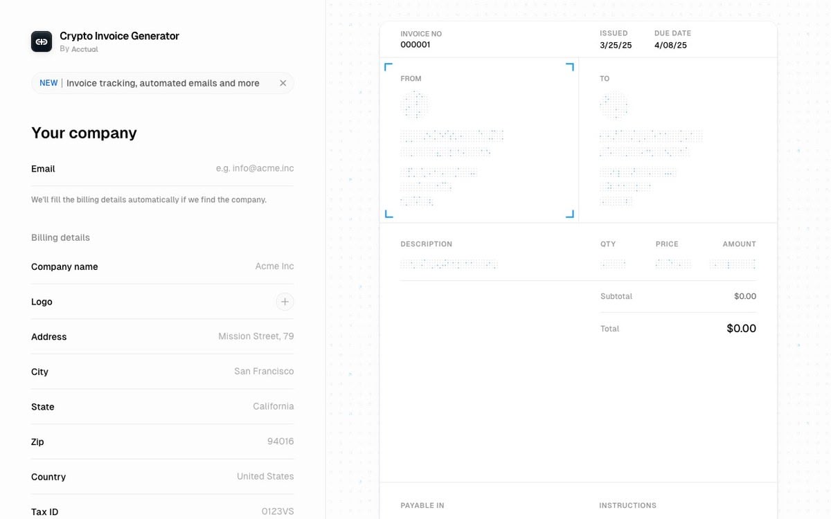 Screenshot of Online Crypto Invoice Generator | Acctual